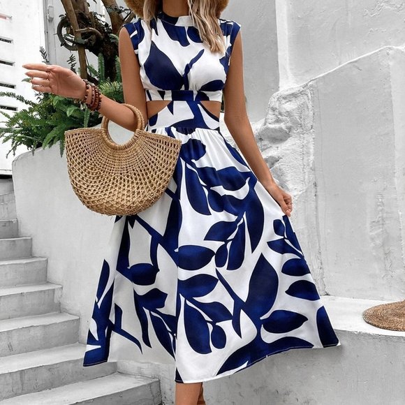 Blue & White Boho Womens Leaf Print Cut Out Waist Dress - Picture 2 of 5